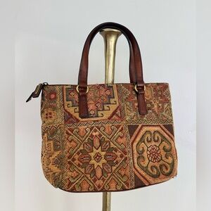 Fossil Vintage Purse Paisley Tapestry Fabric mini Bag With Leather Shoulder